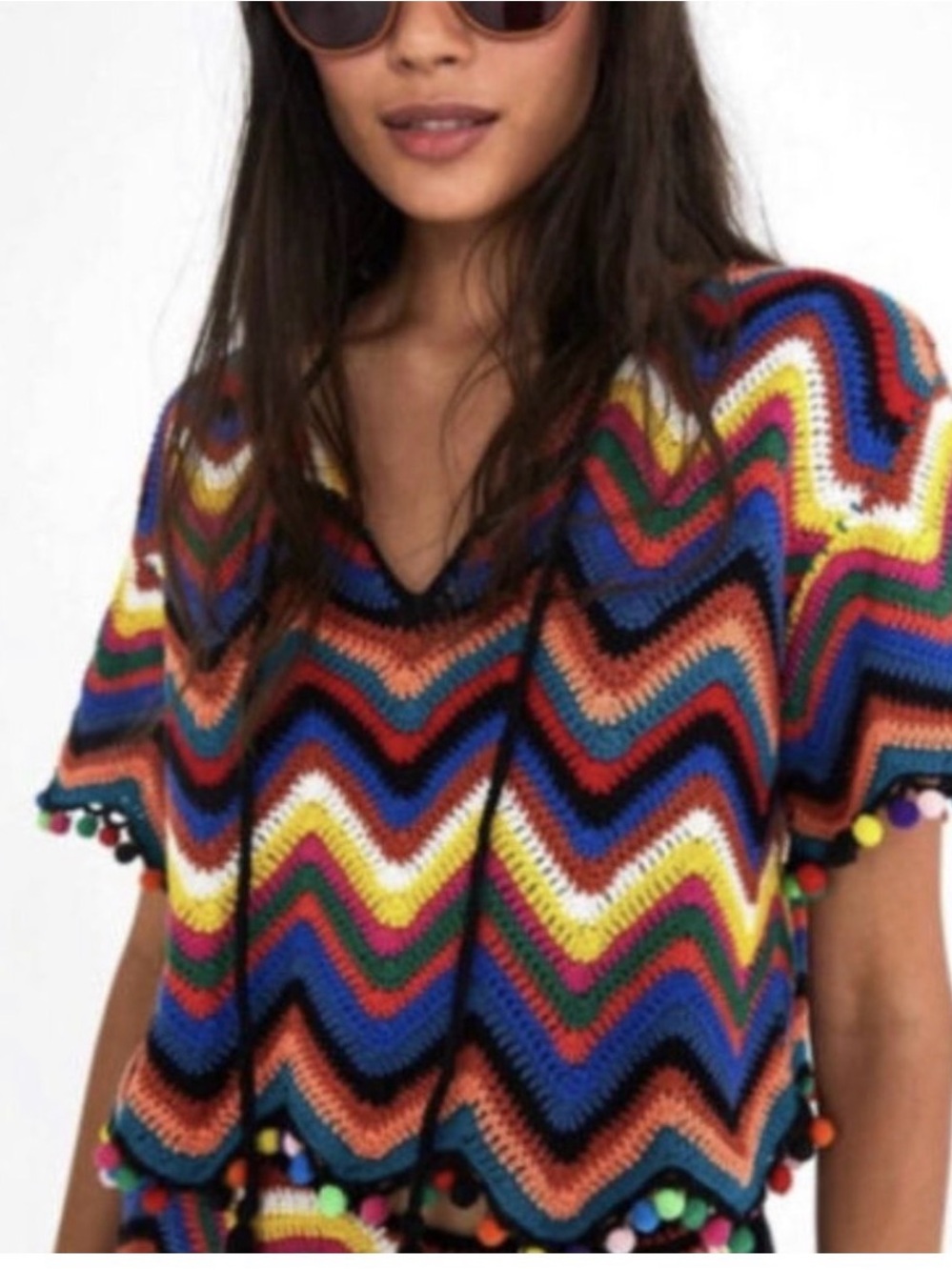 Farm RIO Multicolor Zigzag Crochet V-Neck Women's Sweater